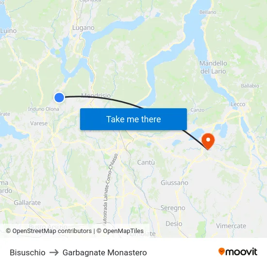 Bisuschio to Garbagnate Monastero map