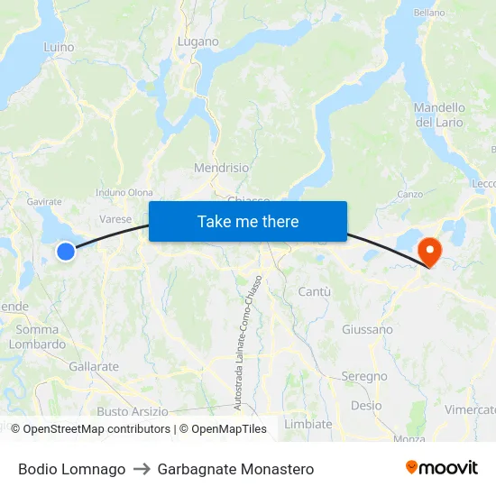 Bodio Lomnago to Garbagnate Monastero map