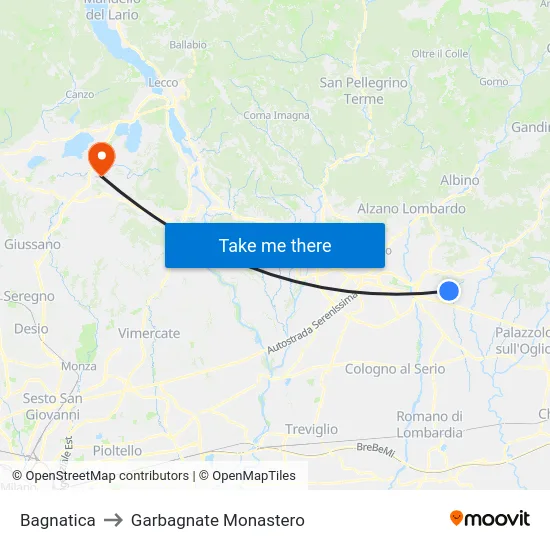 Bagnatica to Garbagnate Monastero map