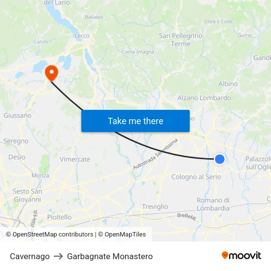 Cavernago to Garbagnate Monastero map