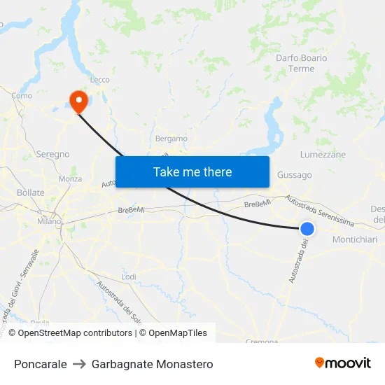 Poncarale to Garbagnate Monastero map
