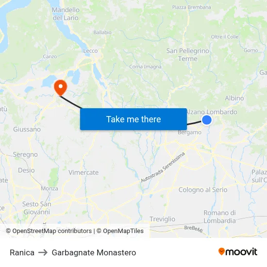 Ranica to Garbagnate Monastero map