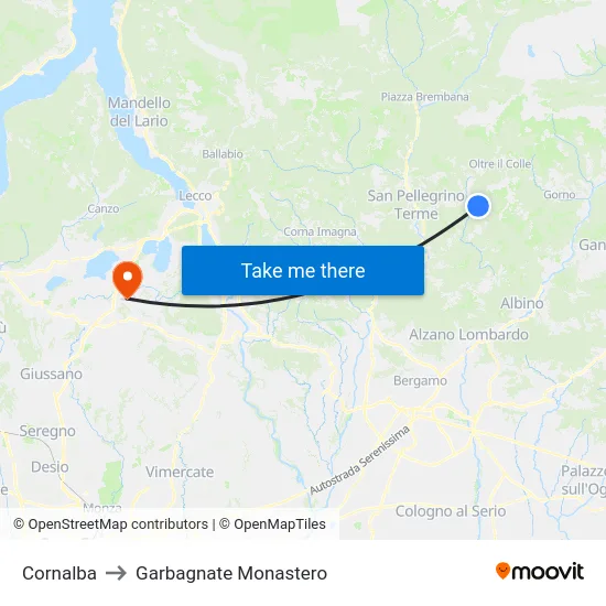 Cornalba to Garbagnate Monastero map