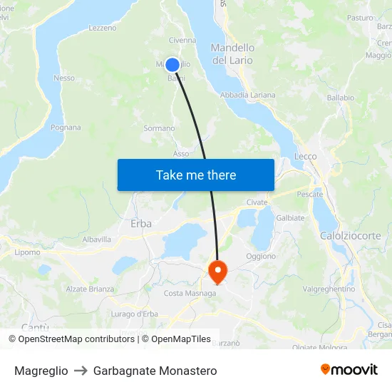 Magreglio to Garbagnate Monastero map