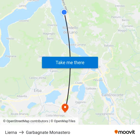 Lierna to Garbagnate Monastero map
