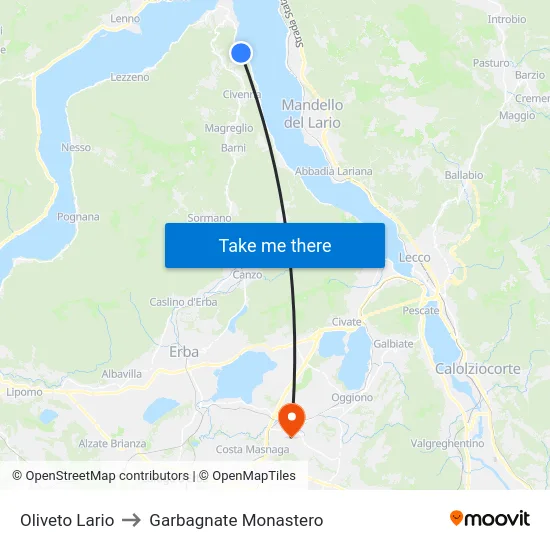Oliveto Lario to Garbagnate Monastero map