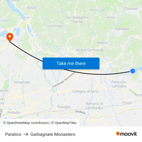 Paratico to Garbagnate Monastero map