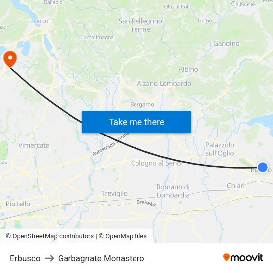 Erbusco to Garbagnate Monastero map