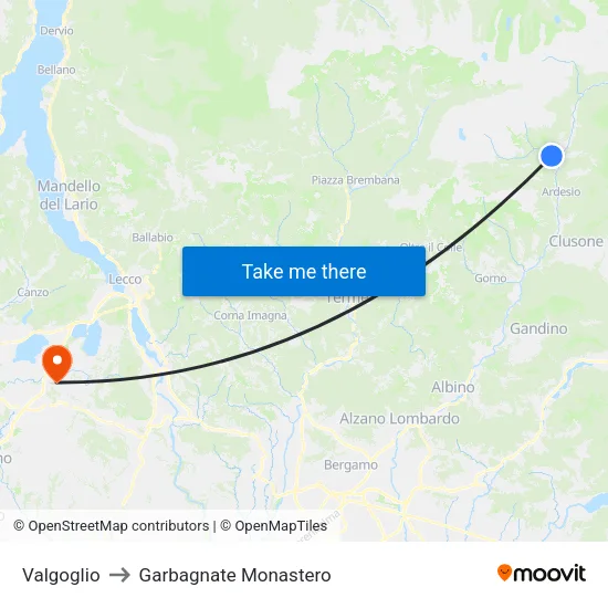 Valgoglio to Garbagnate Monastero map