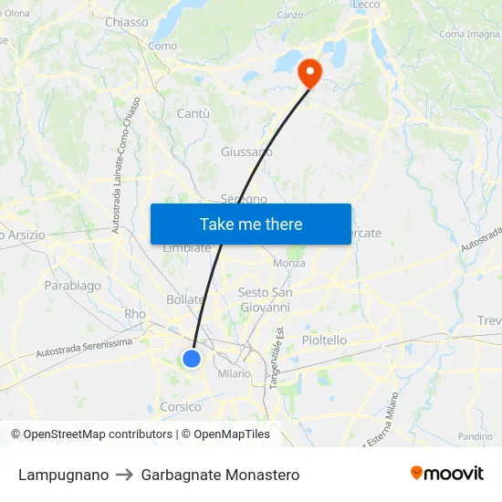 Lampugnano to Garbagnate Monastero map