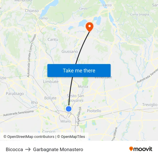 Bicocca to Garbagnate Monastero map