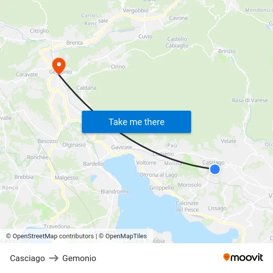 Casciago to Gemonio map