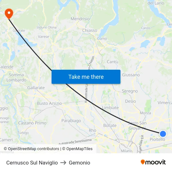 Cernusco Sul Naviglio to Gemonio map