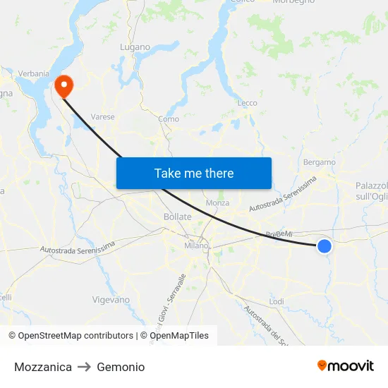 Mozzanica to Gemonio map