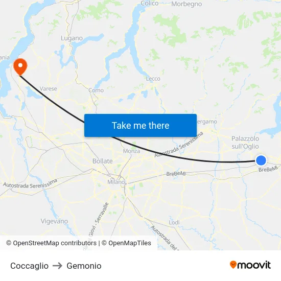 Coccaglio to Gemonio map