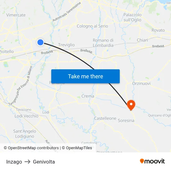 Inzago to Genivolta map