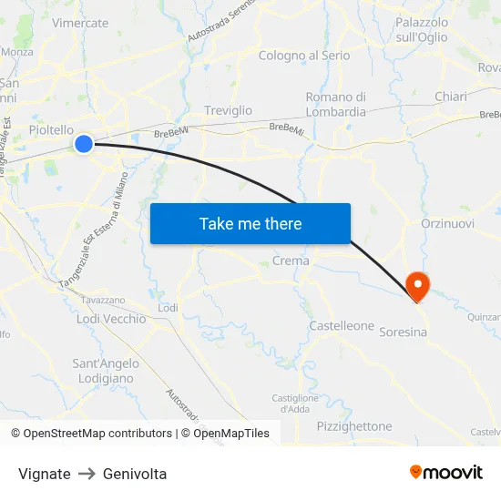 Vignate to Genivolta map
