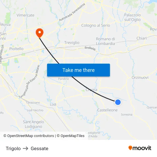 Trigolo to Gessate map