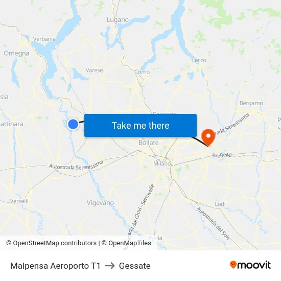 Malpensa Aeroporto T1 to Gessate map