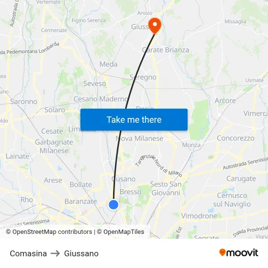 Comasina to Giussano map