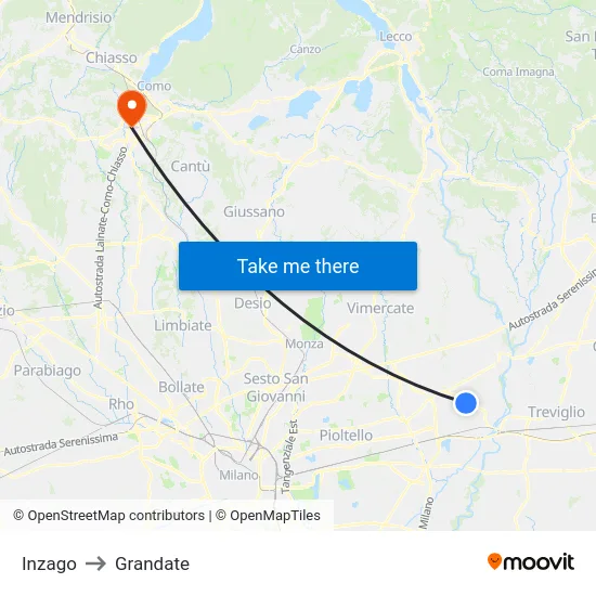 Inzago to Grandate map