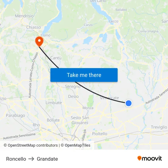 Roncello to Grandate map