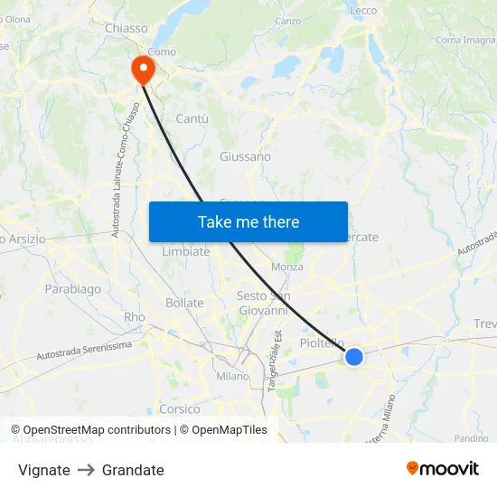 Vignate to Grandate map