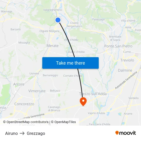 Airuno to Grezzago map