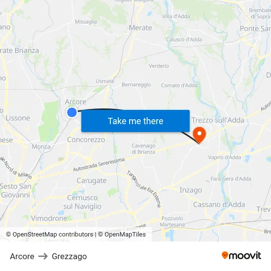 Arcore to Grezzago map