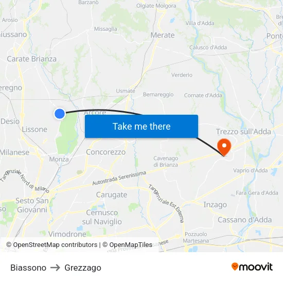 Biassono to Grezzago map