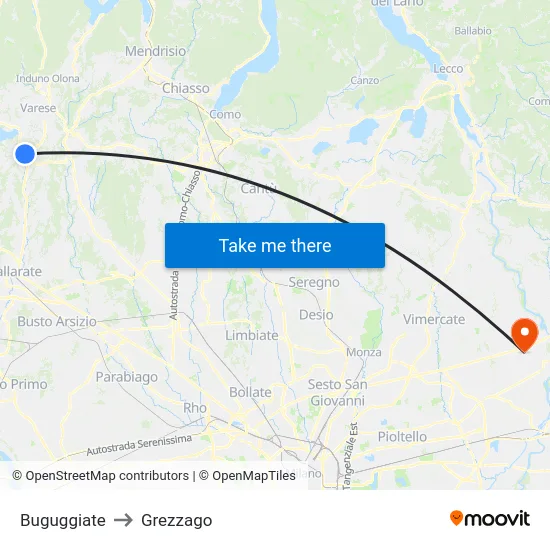 Buguggiate to Grezzago map