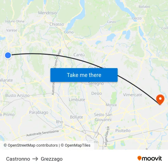 Castronno to Grezzago map