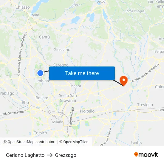 Ceriano Laghetto to Grezzago map