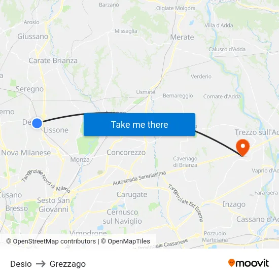 Desio to Grezzago map