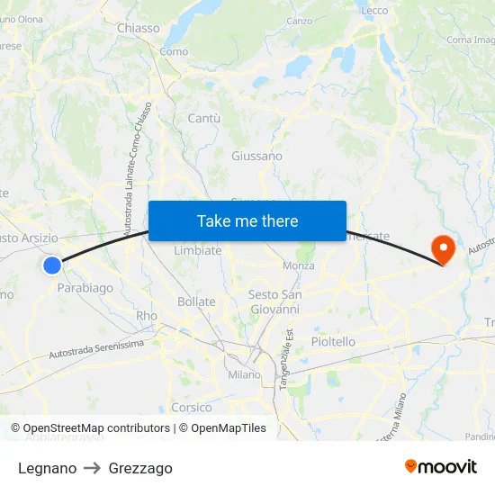 Legnano to Grezzago map
