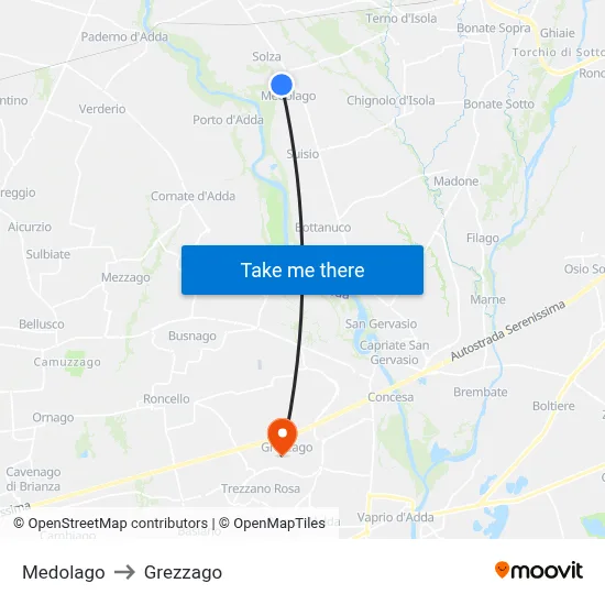 Medolago to Grezzago map