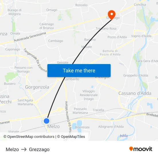 Melzo to Grezzago map