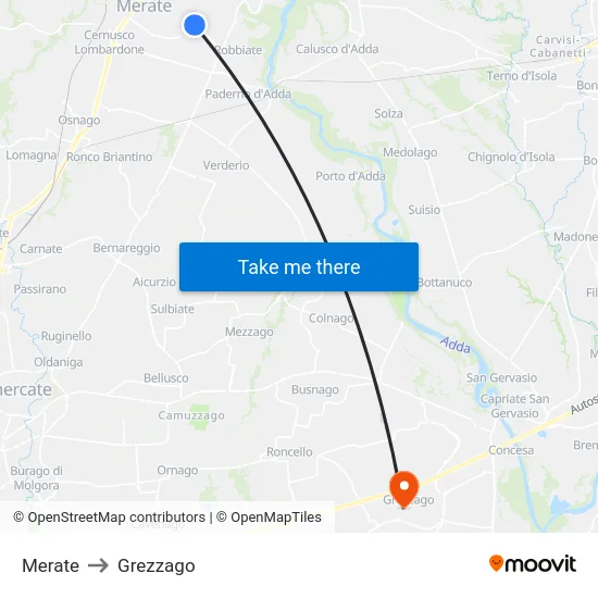 Merate to Grezzago map