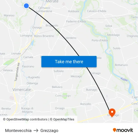 Montevecchia to Grezzago map