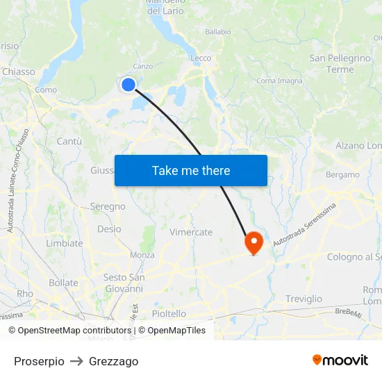 Proserpio to Grezzago map