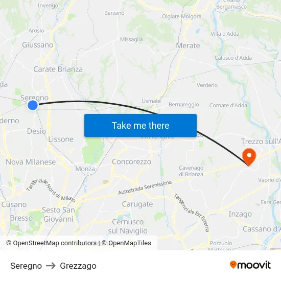 Seregno to Grezzago map