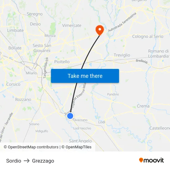 Sordio to Grezzago map