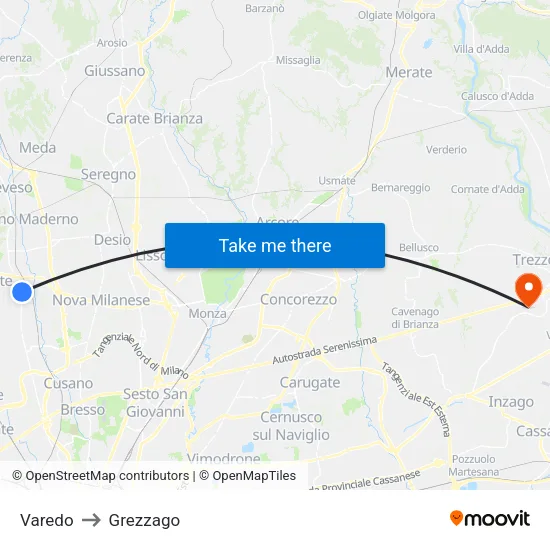 Varedo to Grezzago map