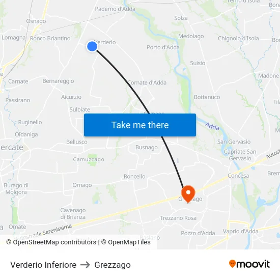Verderio Inferiore to Grezzago map