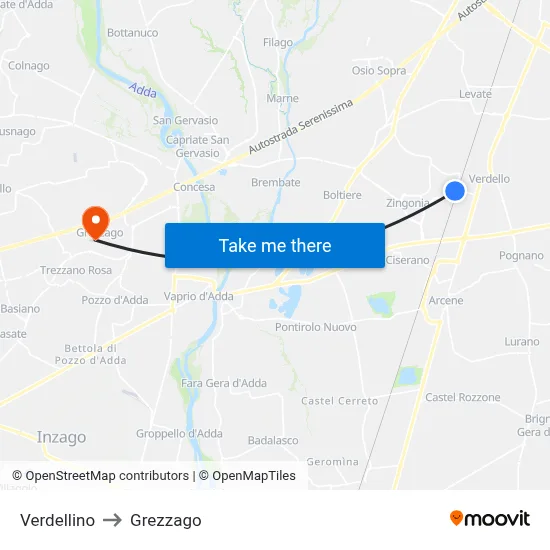 Verdellino to Grezzago map