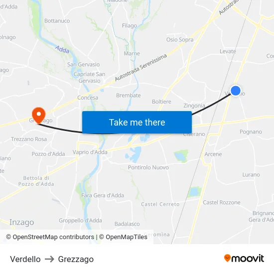 Verdello to Grezzago map