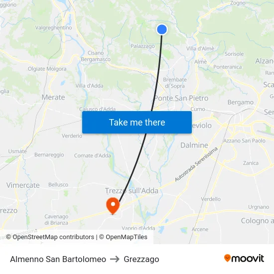 Almenno San Bartolomeo to Grezzago map