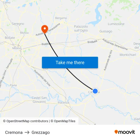 Cremona to Grezzago map