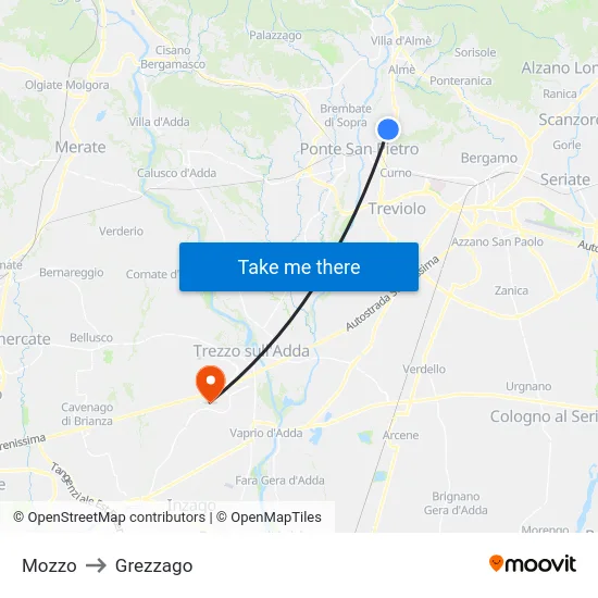 Mozzo to Grezzago map