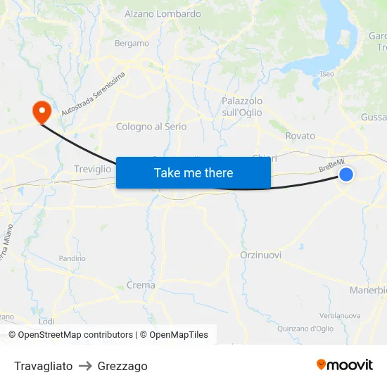 Travagliato to Grezzago map